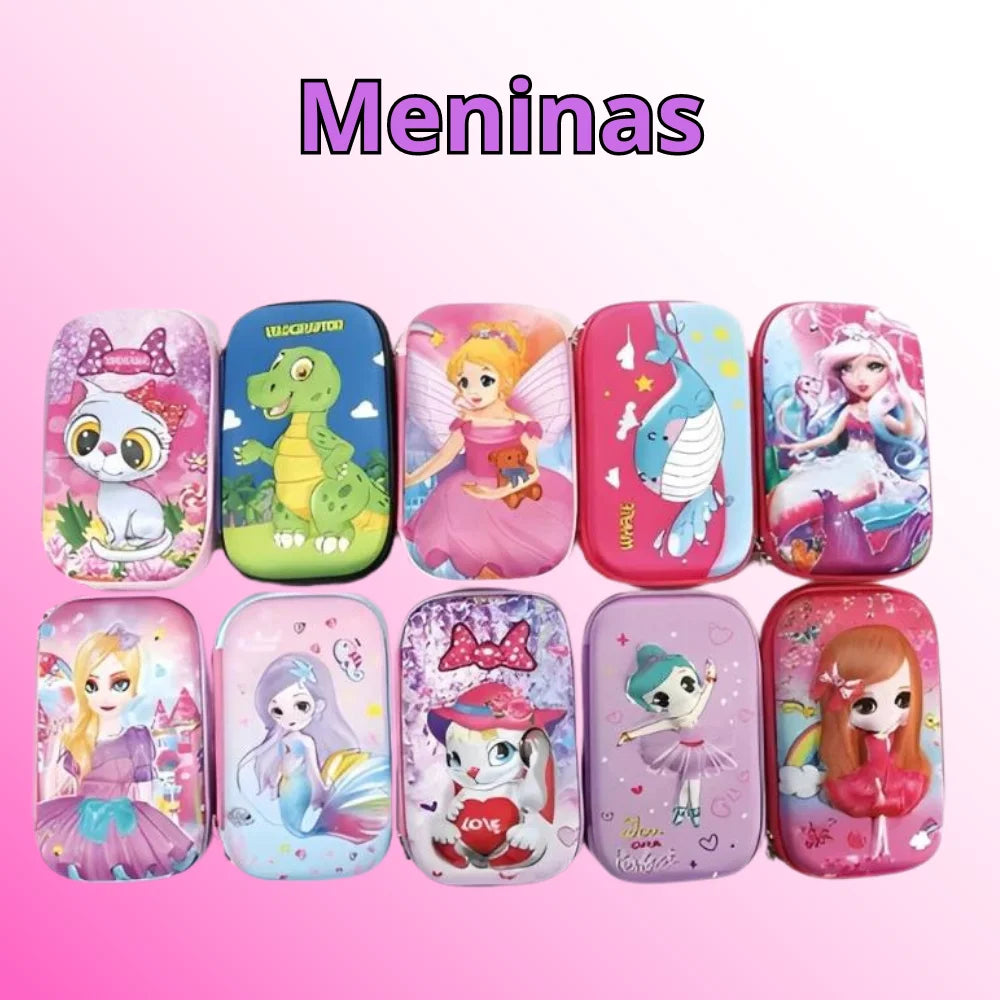 Estojo Escolar Infantil 3d Organizador 3 Divisórias Grande Estampa Com Alto Relevo