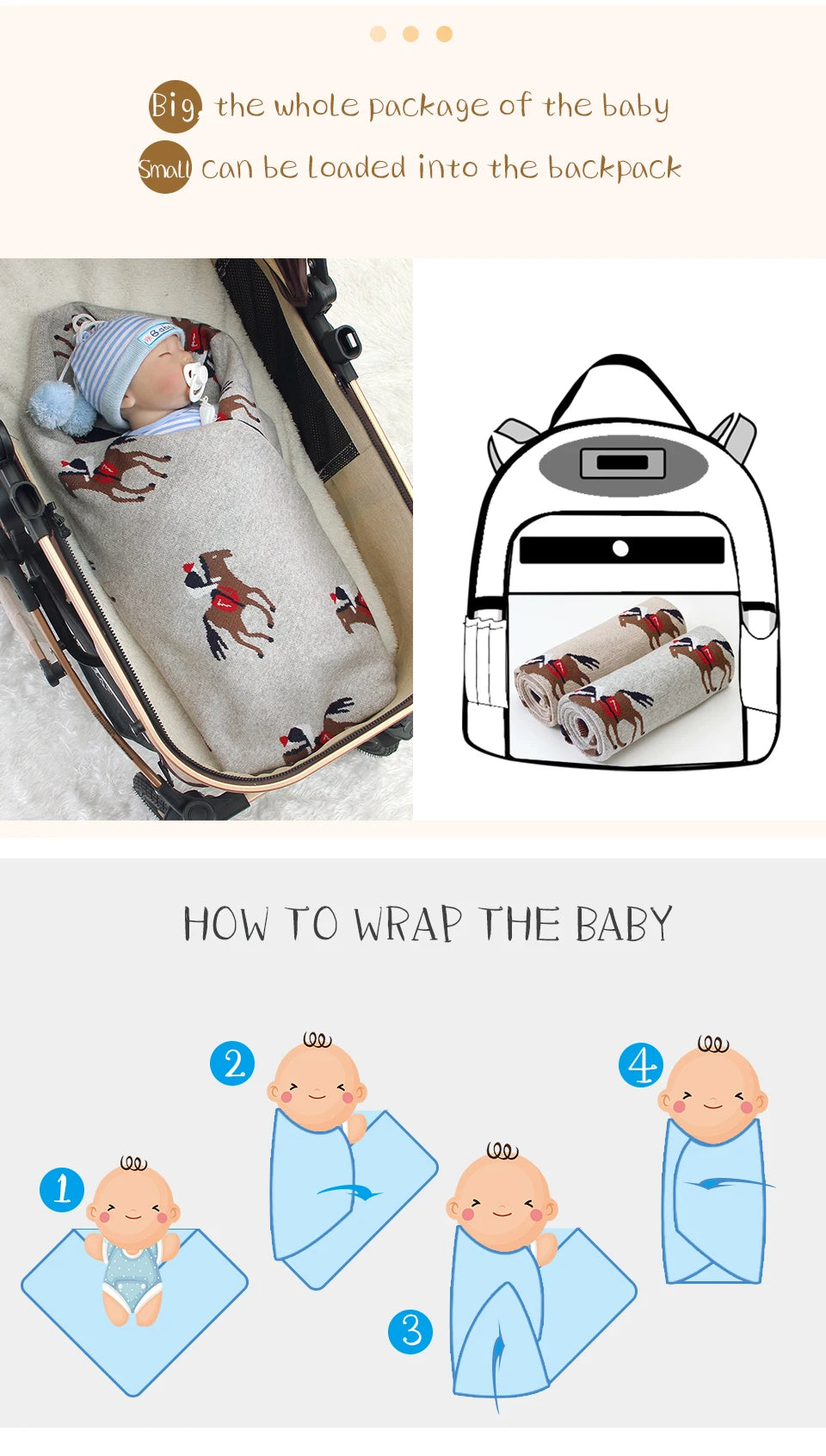 Manta de bebê tricotada, fofa, com desenho animado, macia e quentinha, ideal para enrolar e tomar banho. Mede 100 x 80 cm e pode ser usada como cobertor ou manta para carrinho de bebê.