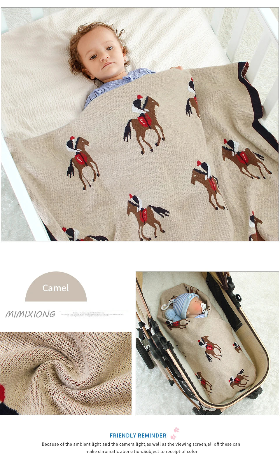 Manta de bebê tricotada, fofa, com desenho animado, macia e quentinha, ideal para enrolar e tomar banho. Mede 100 x 80 cm e pode ser usada como cobertor ou manta para carrinho de bebê.