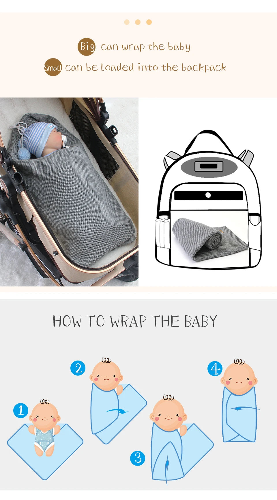 Manta para Bebê Super Macia, Envoltório para Recém-Nascido, 100*80cm, Cobertor de Tricô para Bebê e Criança, Ideal para Carrinho de Bebê, Berço e Cadeirinha de Carro