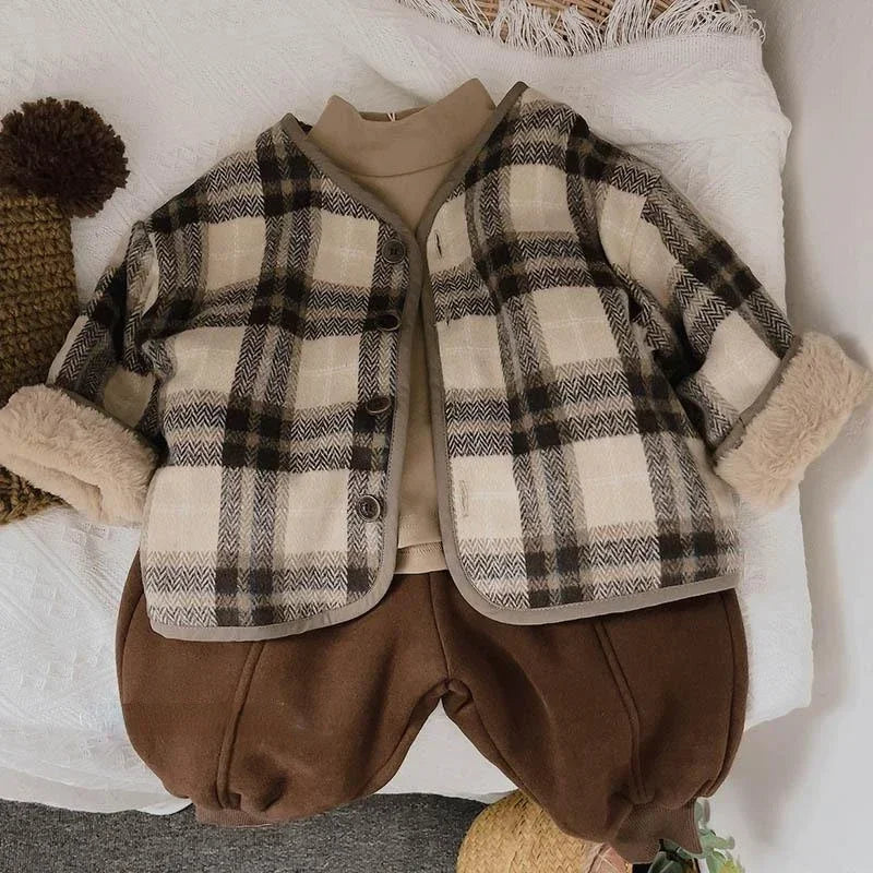 Casaco infantil de lã xadrez, estilo coreano, para outono e inverno. Novos casacos para meninos e meninas, folgados e acolchoados em algodão.