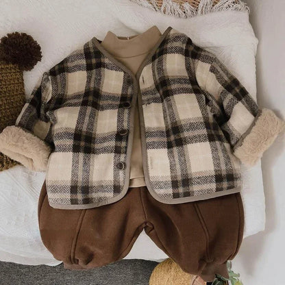 Casaco infantil de lã xadrez, estilo coreano, para outono e inverno. Novos casacos para meninos e meninas, folgados e acolchoados em algodão.