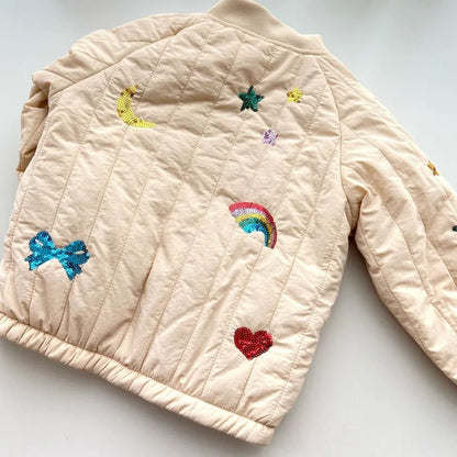 Jaquetas de inverno 2025 para bebês meninos, em lã de cordeiro com lantejoulas e desenhos animados. Roupas infantis para meninas, casaco corta-vento, estilo aviador, tamanhos de 1 a 9 anos.
