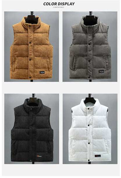Colete masculino novo, modelo outono/inverno 2025, quente, sem mangas, com gola alta, acolchoado, em veludo cotelê, ideal para trabalho, tamanho 5XL.