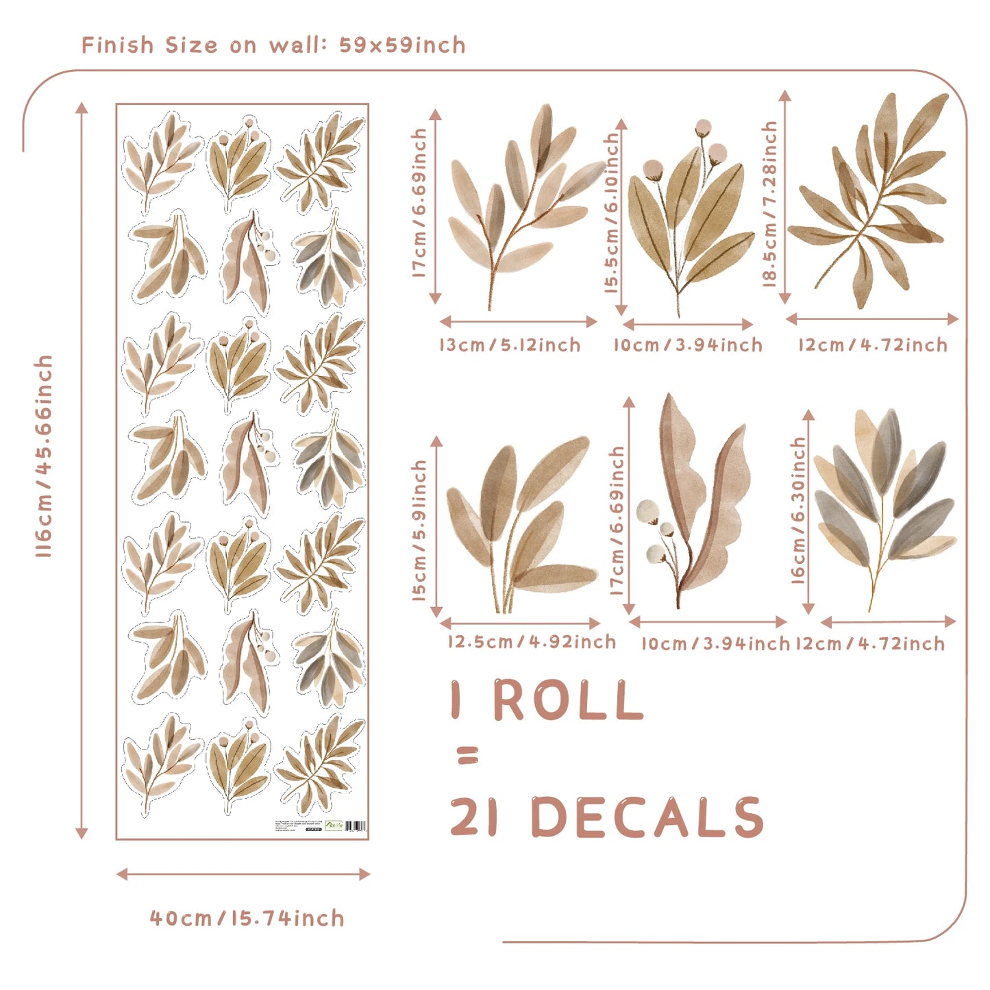 Adesivos de parede com folhas em tons terrosos boho para decoração de quarto infantil, sala de estar, vinil decorativo, adesivos infantis.