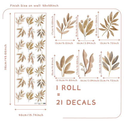 Adesivos de parede com folhas em tons terrosos boho para decoração de quarto infantil, sala de estar, vinil decorativo, adesivos infantis.