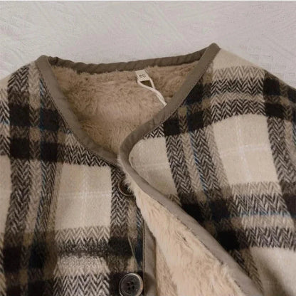 Casaco infantil de lã xadrez, estilo coreano, para outono e inverno. Novos casacos para meninos e meninas, folgados e acolchoados em algodão.