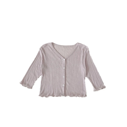 Casaco infantil de verão para meninas, com proteção solar, cor sólida, leve e fino, respirável, com abas laterais.