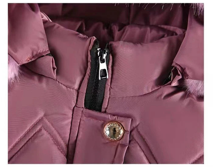 Casaco de inverno infantil para meninas de 4 a 10 anos, grosso e quentinho, com capuz, zíper e gola de pele sintética. Ideal para princesas.