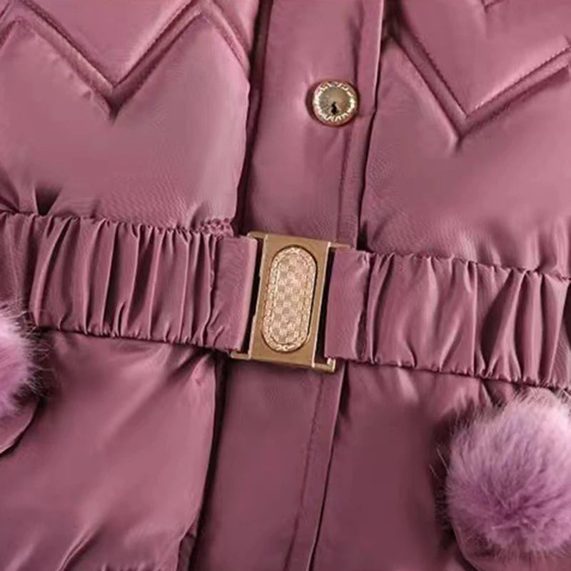 Casaco de inverno infantil para meninas de 4 a 10 anos, grosso e quentinho, com capuz, zíper e gola de pele sintética. Ideal para princesas.