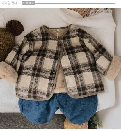 Casaco infantil de lã xadrez, estilo coreano, para outono e inverno. Novos casacos para meninos e meninas, folgados e acolchoados em algodão.