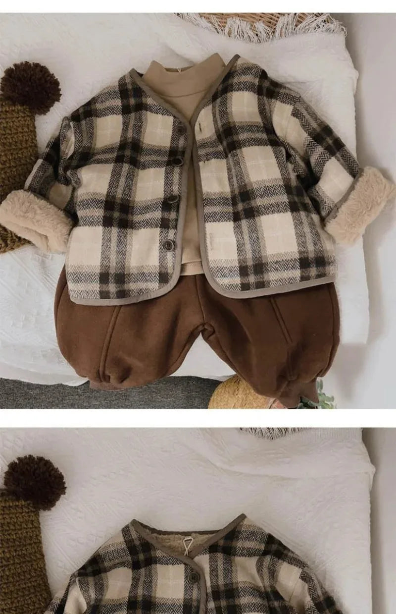 Casaco infantil de lã xadrez, estilo coreano, para outono e inverno. Novos casacos para meninos e meninas, folgados e acolchoados em algodão.