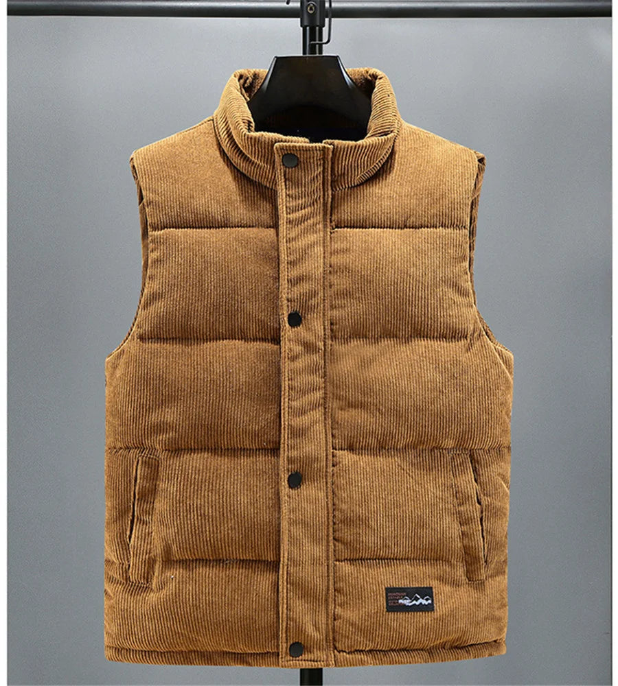 Colete masculino novo, modelo outono/inverno 2025, quente, sem mangas, com gola alta, acolchoado, em veludo cotelê, ideal para trabalho, tamanho 5XL.