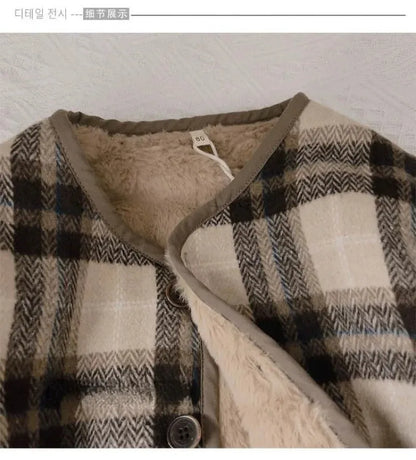 Casaco infantil de lã xadrez, estilo coreano, para outono e inverno. Novos casacos para meninos e meninas, folgados e acolchoados em algodão.