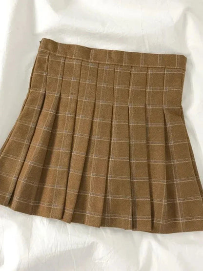 Conjunto vintage preppy feminino com colete de tricô, cardigã, gola boneca, camisa de manga comprida e saia plissada xadrez (peça única) para primavera e outono.