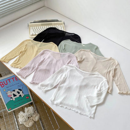 Casaco infantil de verão para meninas, com proteção solar, cor sólida, leve e fino, respirável, com abas laterais.