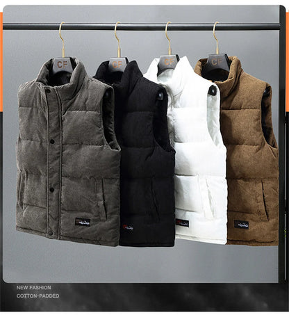 Colete masculino novo, modelo outono/inverno 2025, quente, sem mangas, com gola alta, acolchoado, em veludo cotelê, ideal para trabalho, tamanho 5XL.