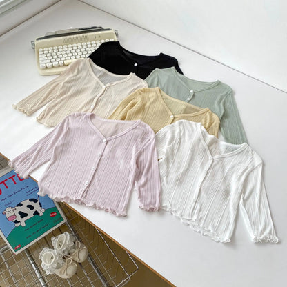 Casaco infantil de verão para meninas, com proteção solar, cor sólida, leve e fino, respirável, com abas laterais.