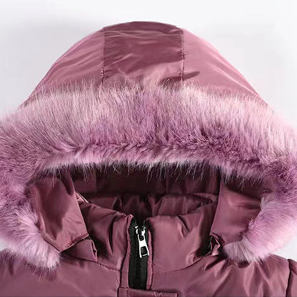 Casaco de inverno infantil para meninas de 4 a 10 anos, grosso e quentinho, com capuz, zíper e gola de pele sintética. Ideal para princesas.