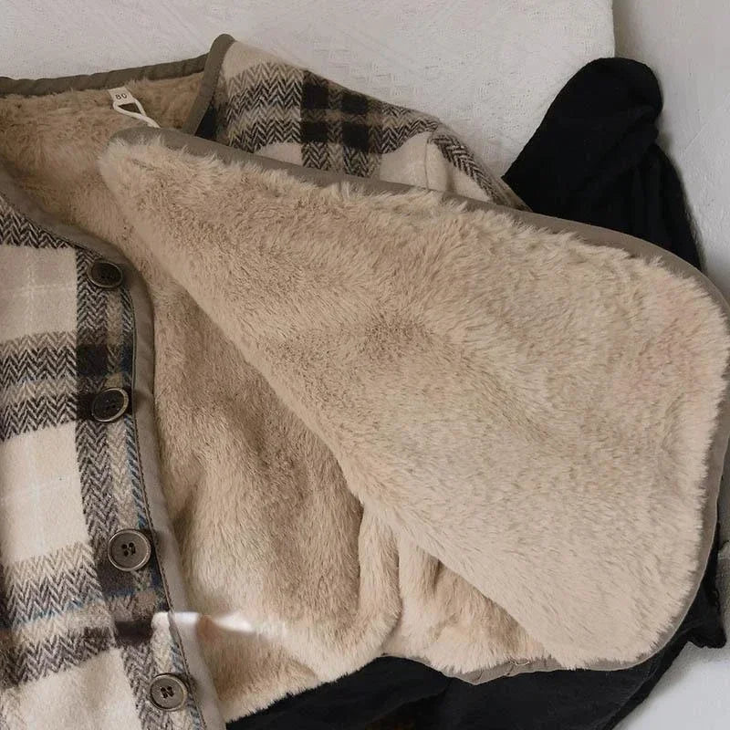 Casaco infantil de lã xadrez, estilo coreano, para outono e inverno. Novos casacos para meninos e meninas, folgados e acolchoados em algodão.