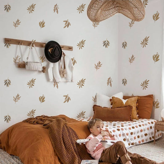 Adesivos de parede com folhas em tons terrosos boho para decoração de quarto infantil, sala de estar, vinil decorativo, adesivos infantis.