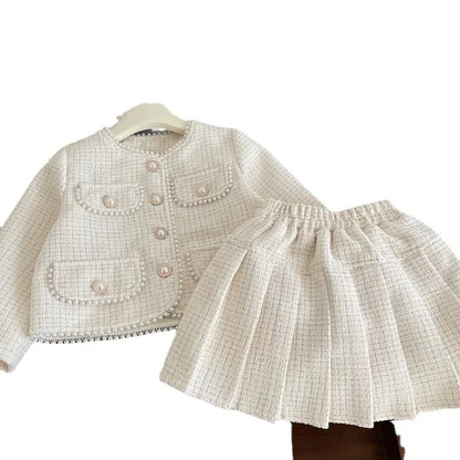 Conjunto de primavera para meninas, com casaco de manga comprida estilo princesa e saia, moda coreana, conjunto de duas peças para meninas de 2 a 7 anos.