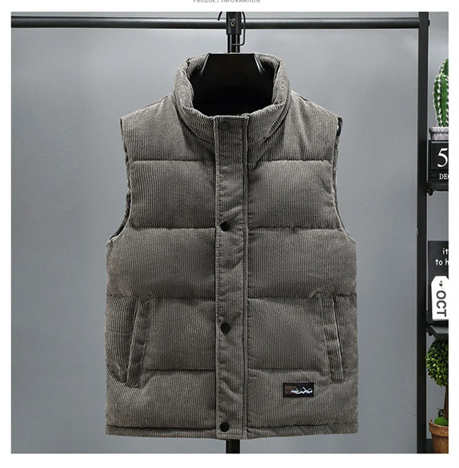 Colete masculino novo, modelo outono/inverno 2025, quente, sem mangas, com gola alta, acolchoado, em veludo cotelê, ideal para trabalho, tamanho 5XL.