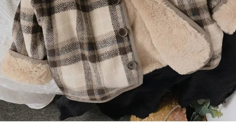 Casaco infantil de lã xadrez, estilo coreano, para outono e inverno. Novos casacos para meninos e meninas, folgados e acolchoados em algodão.