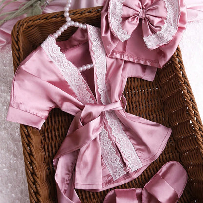 Conjunto de roupa para fotografia de recém-nascido Ylsteed, para menina de 1 mês (100 dias), composto por roupão de renda com laço, turbante, gorro e pantufas.