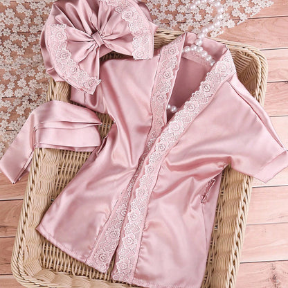 Conjunto de roupa para fotografia de recém-nascido Ylsteed, para menina de 1 mês (100 dias), composto por roupão de renda com laço, turbante, gorro e pantufas.