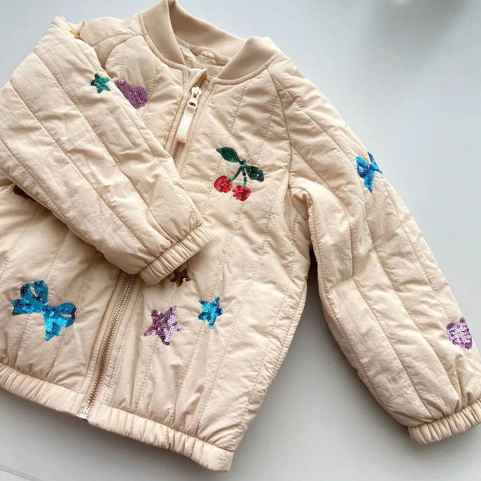 Jaquetas de inverno 2025 para bebês meninos, em lã de cordeiro com lantejoulas e desenhos animados. Roupas infantis para meninas, casaco corta-vento, estilo aviador, tamanhos de 1 a 9 anos.