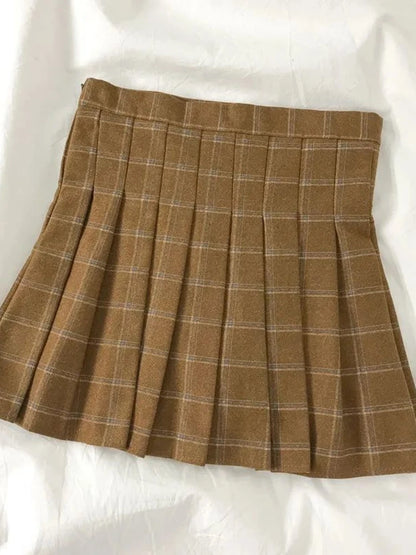 Conjunto vintage preppy feminino com colete de tricô, cardigã, gola boneca, camisa de manga comprida e saia plissada xadrez (peça única) para primavera e outono.