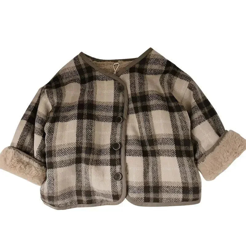 Casaco infantil de lã xadrez, estilo coreano, para outono e inverno. Novos casacos para meninos e meninas, folgados e acolchoados em algodão.