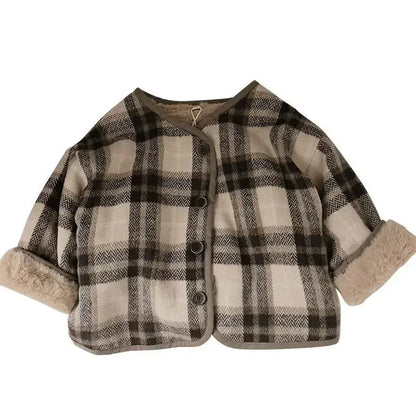 Casaco infantil de lã xadrez, estilo coreano, para outono e inverno. Novos casacos para meninos e meninas, folgados e acolchoados em algodão.