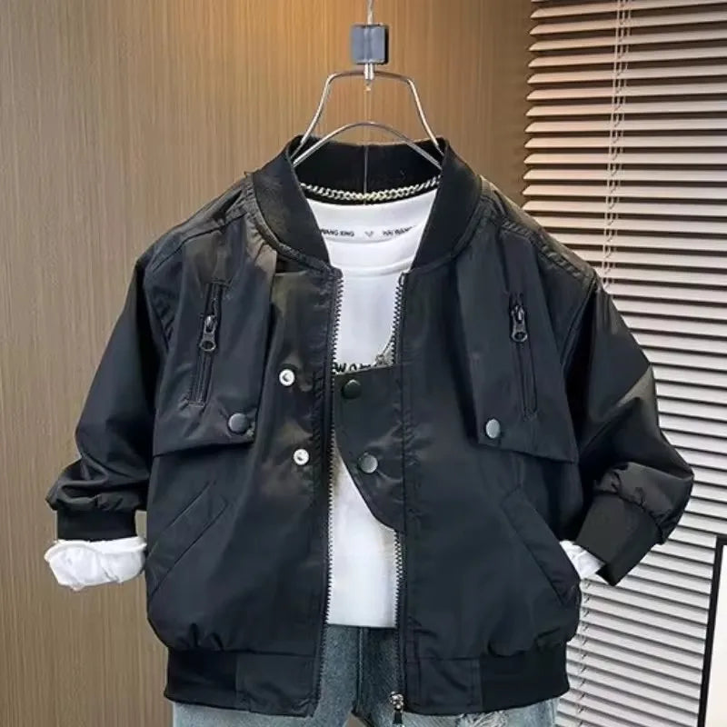 Jaquetas de beisebol para meninos, roupas infantis, primavera/outono, casacos com zíper para crianças grandes, cor sólida, corta-vento, agasalho para crianças de 2 a 10 anos.