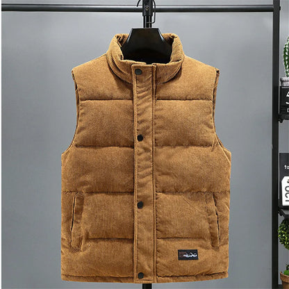 Colete masculino novo, modelo outono/inverno 2025, quente, sem mangas, com gola alta, acolchoado, em veludo cotelê, ideal para trabalho, tamanho 5XL.