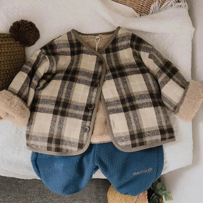 Casaco infantil de lã xadrez, estilo coreano, para outono e inverno. Novos casacos para meninos e meninas, folgados e acolchoados em algodão.
