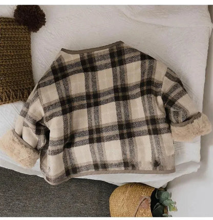 Casaco infantil de lã xadrez, estilo coreano, para outono e inverno. Novos casacos para meninos e meninas, folgados e acolchoados em algodão.