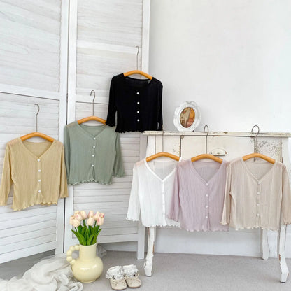 Casaco infantil de verão para meninas, com proteção solar, cor sólida, leve e fino, respirável, com abas laterais.