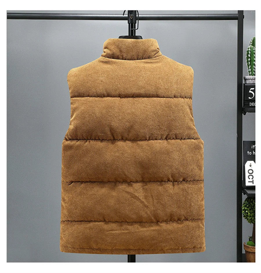 Colete masculino novo, modelo outono/inverno 2025, quente, sem mangas, com gola alta, acolchoado, em veludo cotelê, ideal para trabalho, tamanho 5XL.