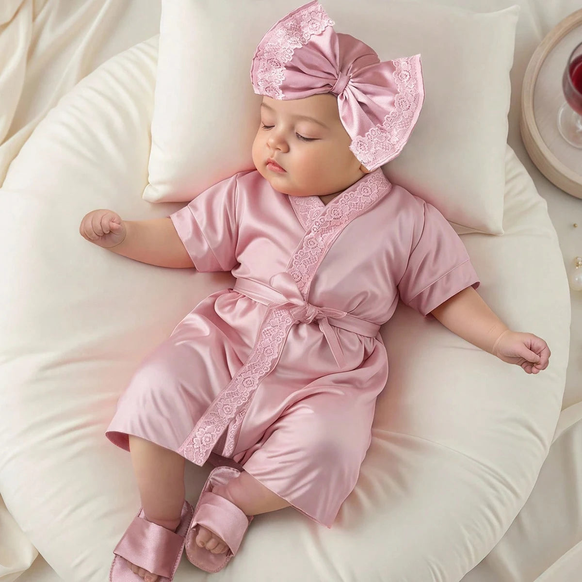 Conjunto de roupa para fotografia de recém-nascido Ylsteed, para menina de 1 mês (100 dias), composto por roupão de renda com laço, turbante, gorro e pantufas.