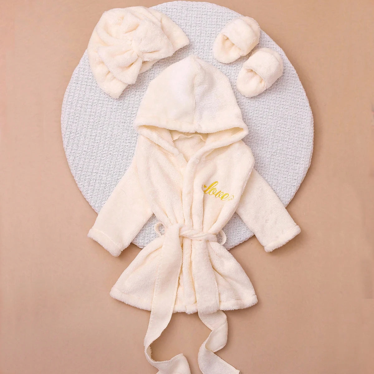 Roupão de banho Ylsteed para fotografia de recém-nascidos com turbante e pantufas, bordado "Love", pijama para bebê menina, roupa para ensaio fotográfico infantil.