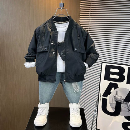 Jaquetas de beisebol para meninos, roupas infantis, primavera/outono, casacos com zíper para crianças grandes, cor sólida, corta-vento, agasalho para crianças de 2 a 10 anos.