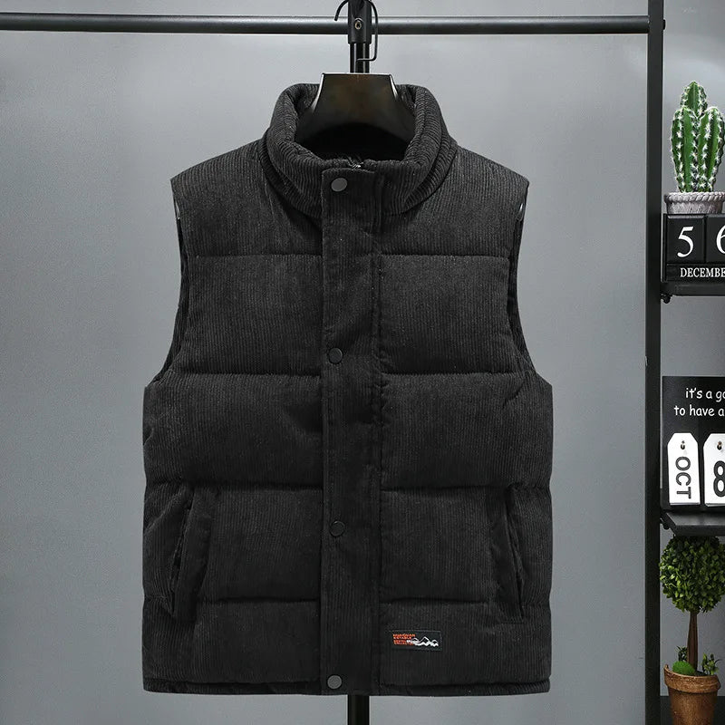 Colete masculino novo, modelo outono/inverno 2025, quente, sem mangas, com gola alta, acolchoado, em veludo cotelê, ideal para trabalho, tamanho 5XL.